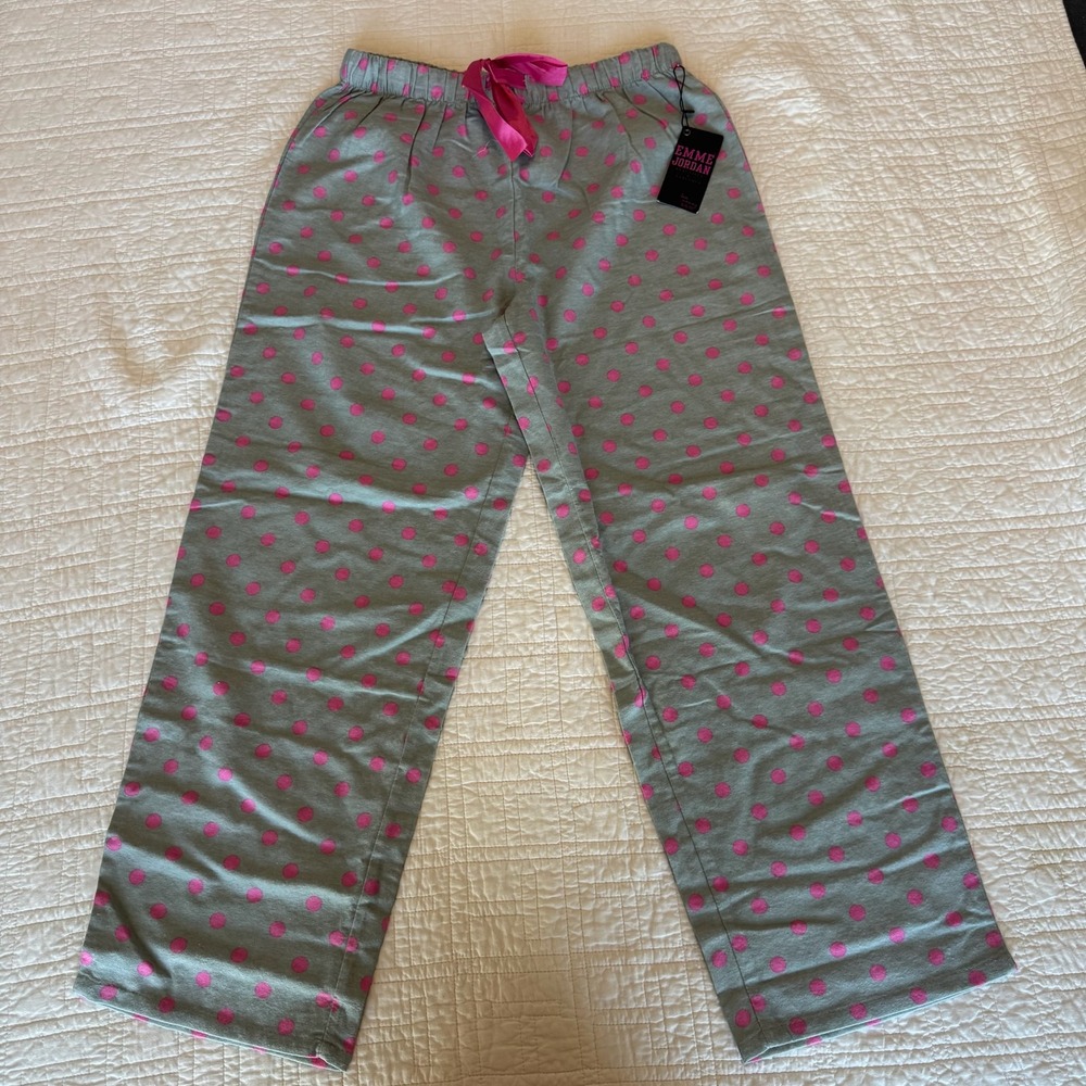 Emme Jordan Pajama Pants Womens Large Gray Pink Polka Dot Love Sleepwear FLPA 19